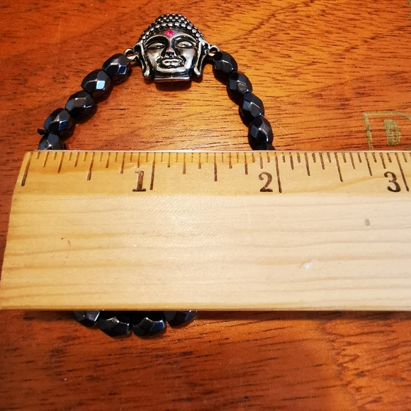 Stretch Faceted Hematite and Brushed Silver Tone Buddha Bracelet - Picture 6 of 12